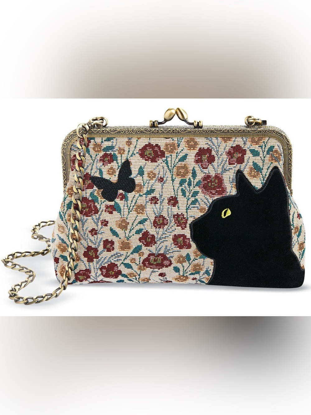 NWOT! Comeco Vintage Style Black Cat Floral Tapestry Kisslock Bag